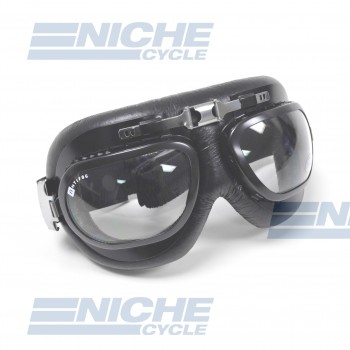 Classic Pilot Style Bubble Lens Leather Goggles - Black 76-50113