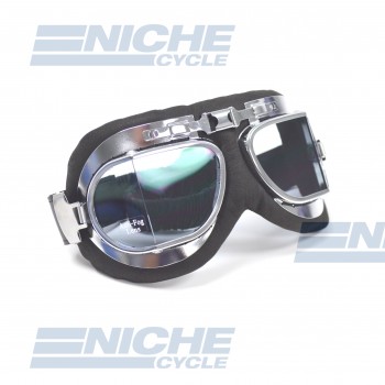 Classic Pilot Style Split Lens Leather Goggles - Chrome 76-50122