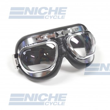 Classic Pilot Style Bubble Lens Leather Goggles - Chrome 76-50114