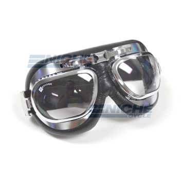 Classic Pilot Style Bubble Lens Leather Goggles - Chrome 76-50114 