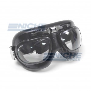 Classic Pilot Style Bubble Lens Leather Goggles - Black 76-50113