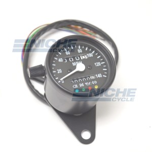 Black Mini Speedometer Gauge 140 MPH Dummy Lights - 2:1 Ratio 58-43691B